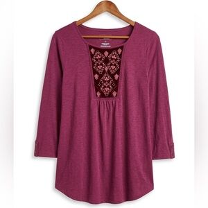 Sonoma NWOT Plum Embroidered Tunic Top Velvet Front Cottony Stretchy Long Sleeve
